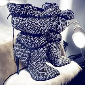 Bella Star Rhinestone Slouch Stiletto Boots Black‎ Sparkly Heels Women’s Size 6